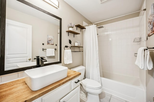 full bathroom with toilet, tile patterned flooring, vanity, and shower / bath combination with curtain