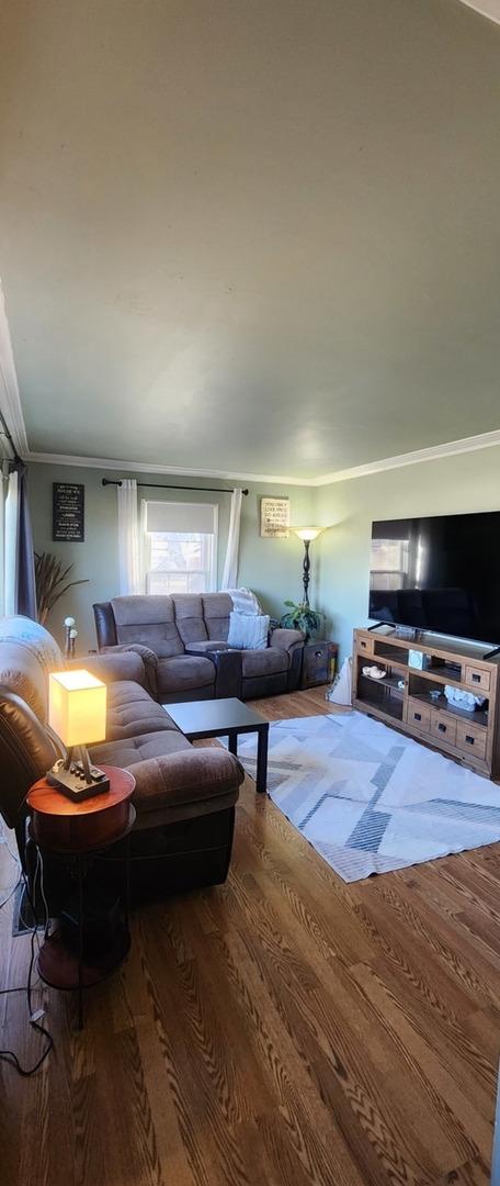 living room with crown molding and wood-type flooring