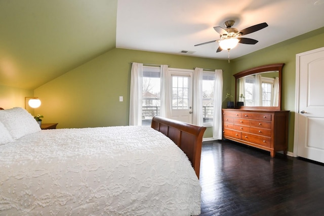 bedroom with dark hardwood / wood-style flooring, access to outside, lofted ceiling, and ceiling fan