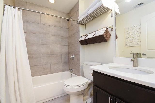 full bathroom with toilet, vanity, and shower / bathtub combination with curtain