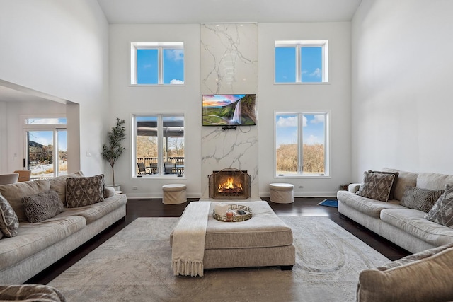 living room with a fireplace, wood finished floors, and a healthy amount of sunlight