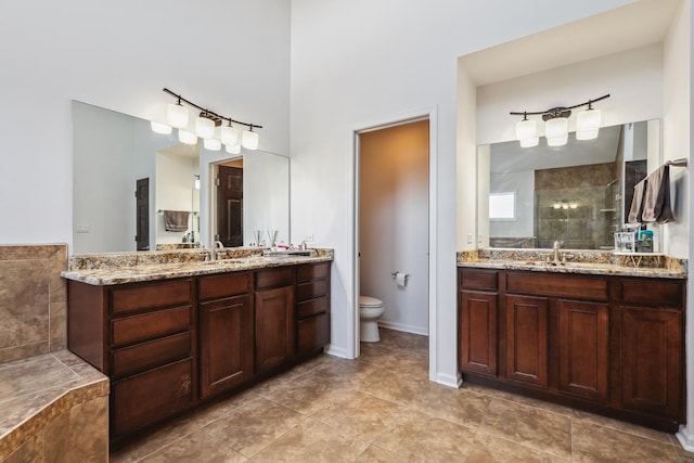 bathroom with a stall shower, two vanities, a sink, and toilet