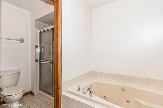 bathroom with a whirlpool tub, tile patterned flooring, toilet, and a shower stall