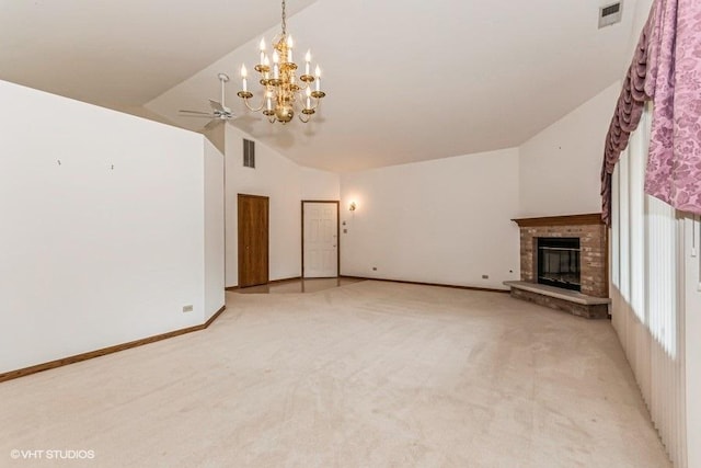 unfurnished living room featuring baseboards, a fireplace, visible vents, and light colored carpet