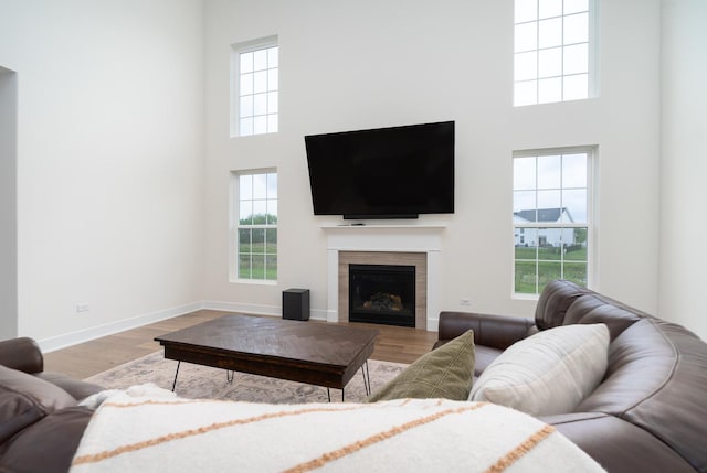 living room with a towering ceiling, a healthy amount of sunlight, and light hardwood / wood-style floors