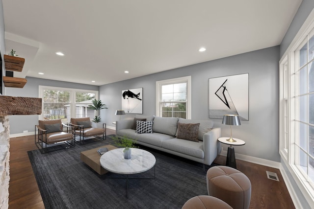 living room featuring dark wood-type flooring