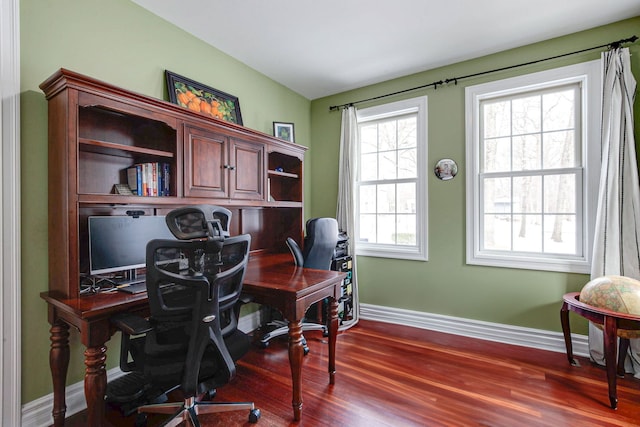 home office featuring baseboards and dark wood-style flooring