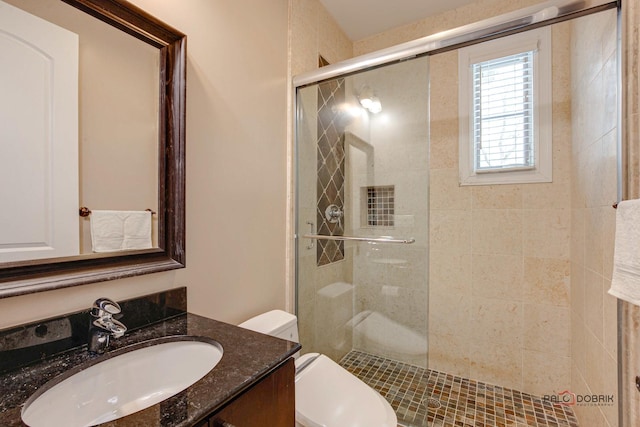 bathroom with vanity, toilet, and a stall shower