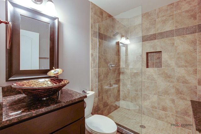 bathroom with toilet, tiled shower, and vanity