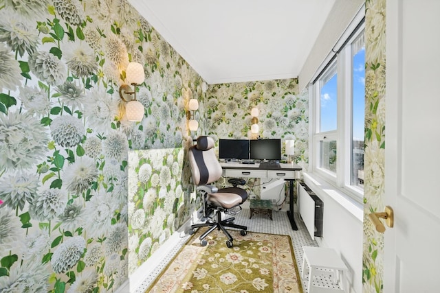 office featuring radiator, wallpapered walls, and ornamental molding