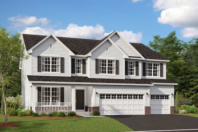 view of front facade with a garage, covered porch, and a front lawn