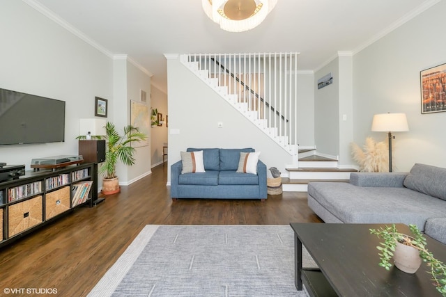 living room featuring ornamental molding and dark wood-type flooring