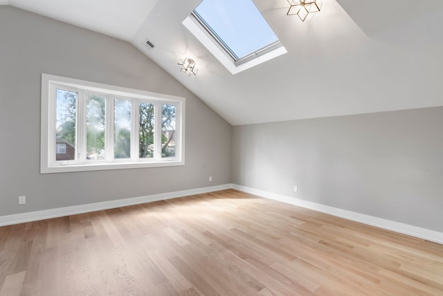 bonus room with lofted ceiling with skylight and light hardwood / wood-style floors