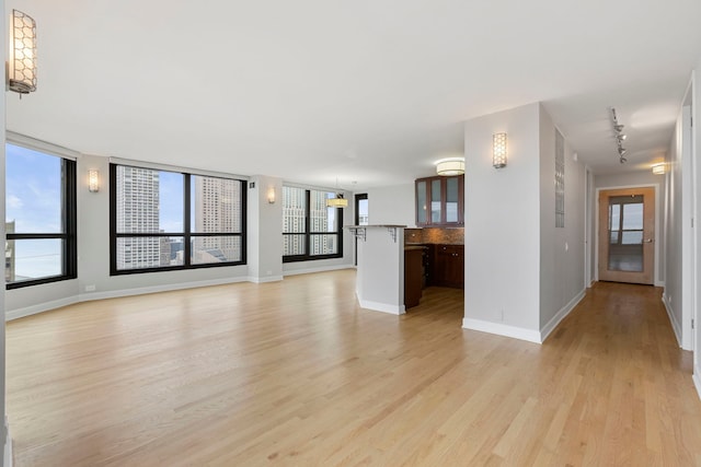 unfurnished living room with light hardwood / wood-style floors and rail lighting