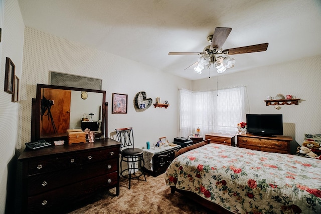 bedroom featuring ceiling fan and carpet flooring