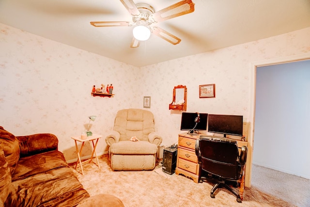 office area featuring ceiling fan and light colored carpet