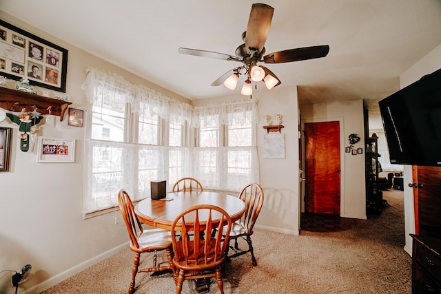 dining space with ceiling fan and carpet flooring