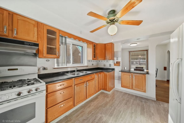 kitchen with sink, tasteful backsplash, ceiling fan, white appliances, and light hardwood / wood-style floors