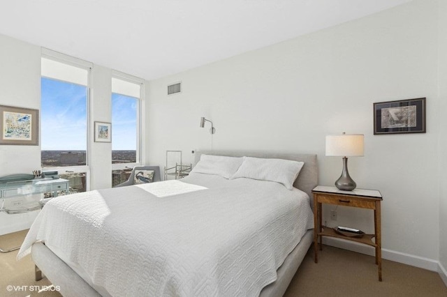 carpeted bedroom featuring expansive windows