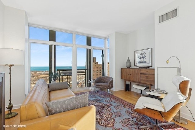 living room featuring hardwood / wood-style flooring, a wall of windows, and a water view