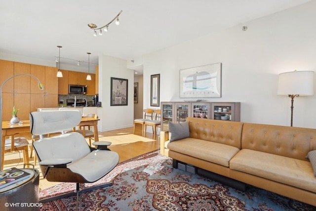 living room featuring track lighting and light wood-type flooring