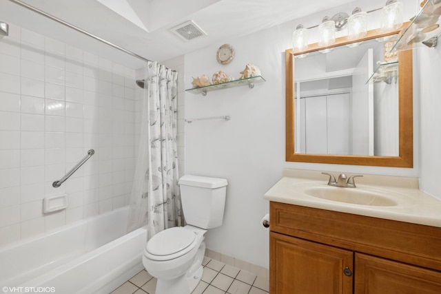 full bathroom featuring shower / bathtub combination with curtain, vanity, tile patterned floors, and toilet