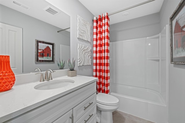 full bathroom with vanity, shower / tub combo, tile patterned floors, and toilet