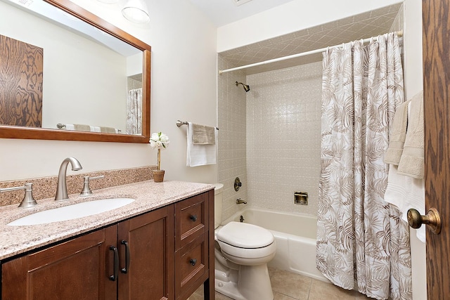 full bathroom featuring vanity, shower / tub combo, tile patterned floors, and toilet