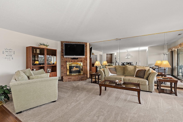 living room with light carpet, a brick fireplace, and a textured ceiling