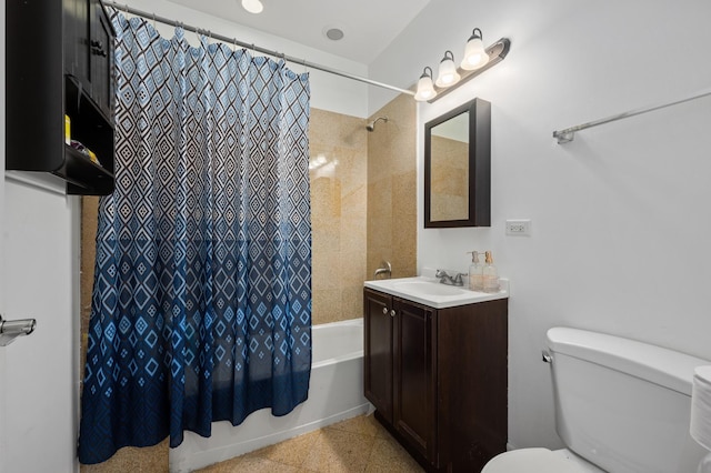 full bathroom with vanity, toilet, and shower / bath combo with shower curtain