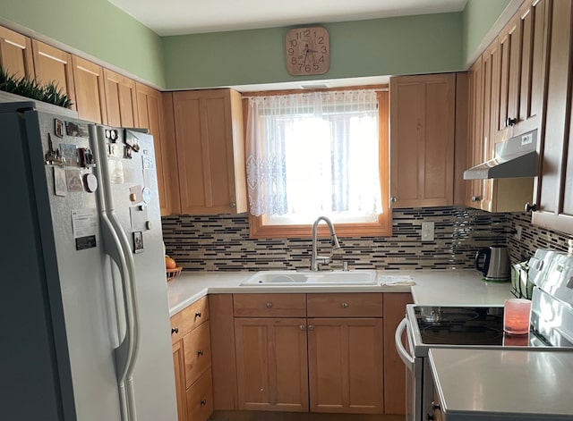 kitchen featuring tasteful backsplash, sink, and white appliances