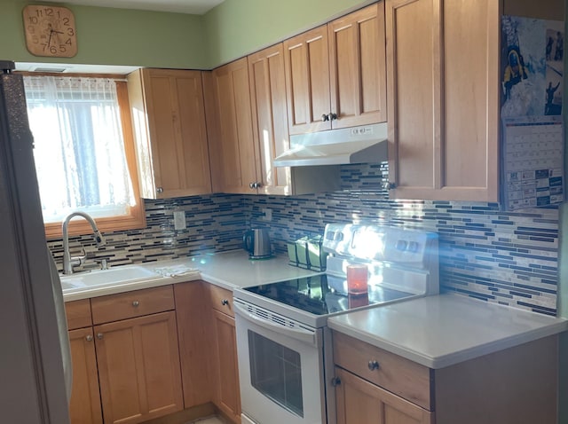 kitchen featuring sink, backsplash, and white range with electric cooktop