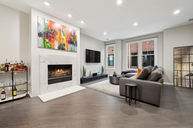 living room featuring dark hardwood / wood-style flooring and a premium fireplace