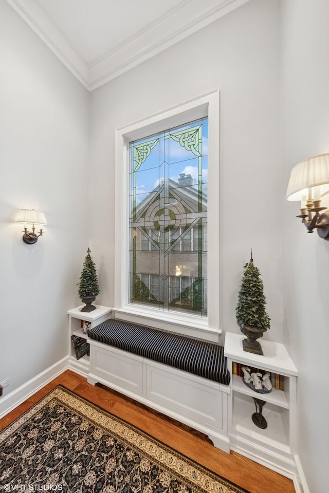 room details featuring crown molding and hardwood / wood-style floors