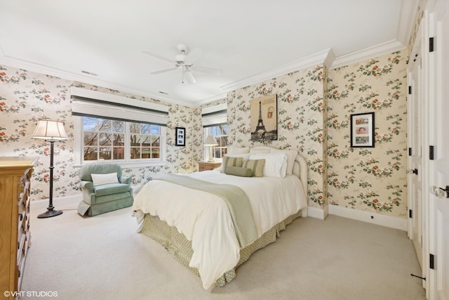 bedroom featuring ceiling fan, ornamental molding, and light carpet