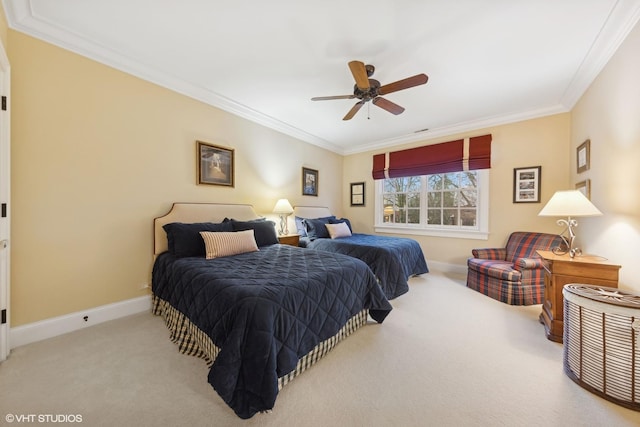 bedroom with ornamental molding, light carpet, and ceiling fan