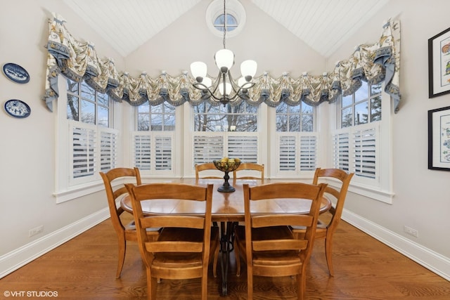 dining room featuring a wealth of natural light, wooden ceiling, dark hardwood / wood-style floors, and a chandelier