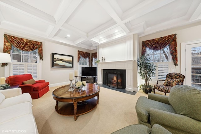 living room featuring coffered ceiling, carpet, and beam ceiling