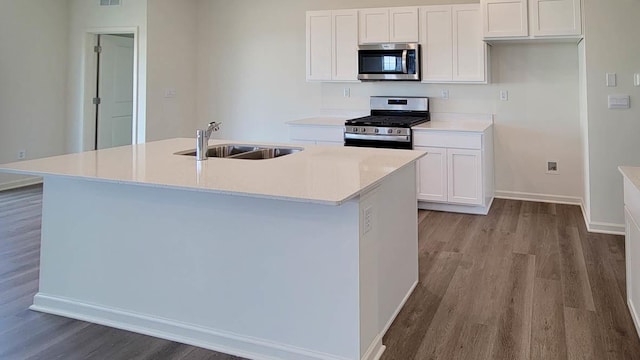 kitchen with a kitchen island with sink, sink, white cabinetry, and stainless steel appliances