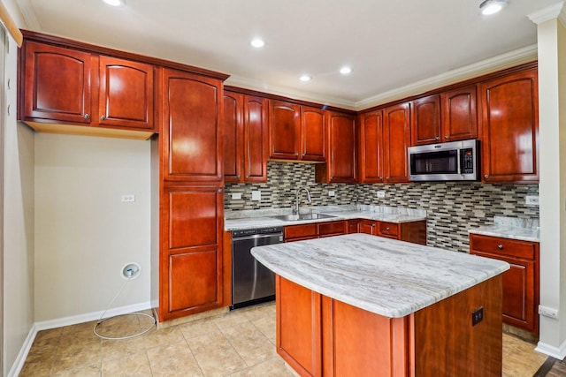 kitchen with a sink, stainless steel appliances, and reddish brown cabinets