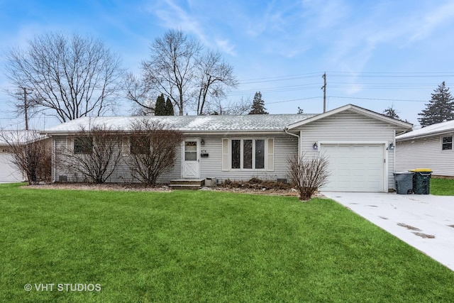 ranch-style house with a garage and a front lawn