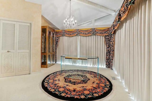 interior space with an inviting chandelier and lofted ceiling with beams