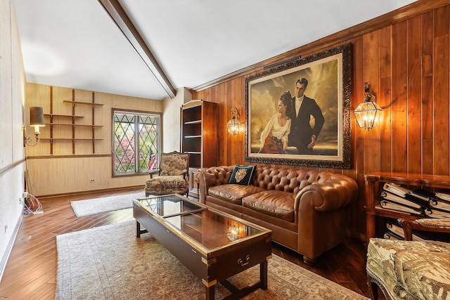 living room with dark hardwood / wood-style floors, vaulted ceiling with beams, and wooden walls