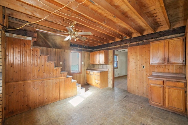 kitchen with beamed ceiling, ceiling fan, and wood walls