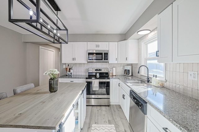 kitchen with appliances with stainless steel finishes, sink, decorative backsplash, and white cabinets