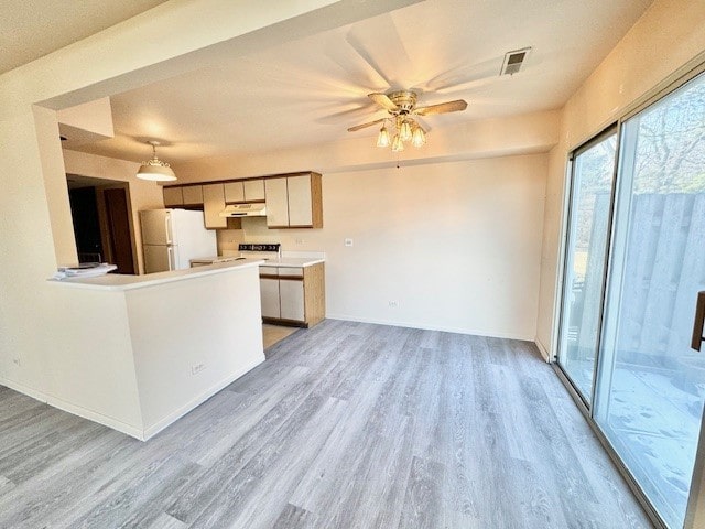 kitchen with white refrigerator, ceiling fan, light hardwood / wood-style flooring, and pendant lighting