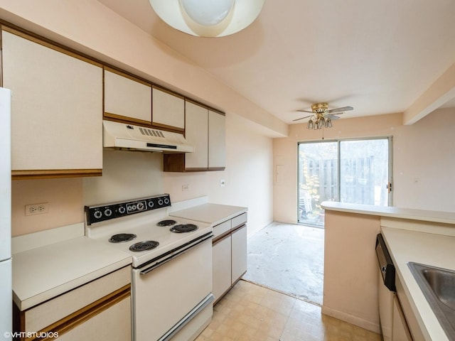 kitchen featuring sink, ceiling fan, and white range with electric stovetop