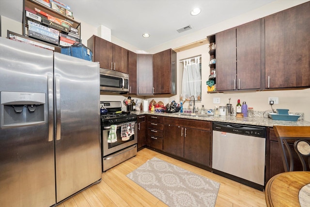 kitchen with visible vents, appliances with stainless steel finishes, light wood-style floors, a sink, and dark brown cabinetry