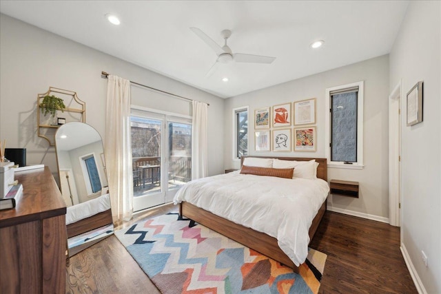 bedroom with ceiling fan, dark hardwood / wood-style floors, and access to outside