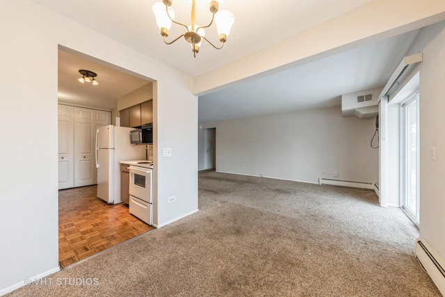 unfurnished living room with a baseboard radiator, visible vents, baseboard heating, an inviting chandelier, and baseboards